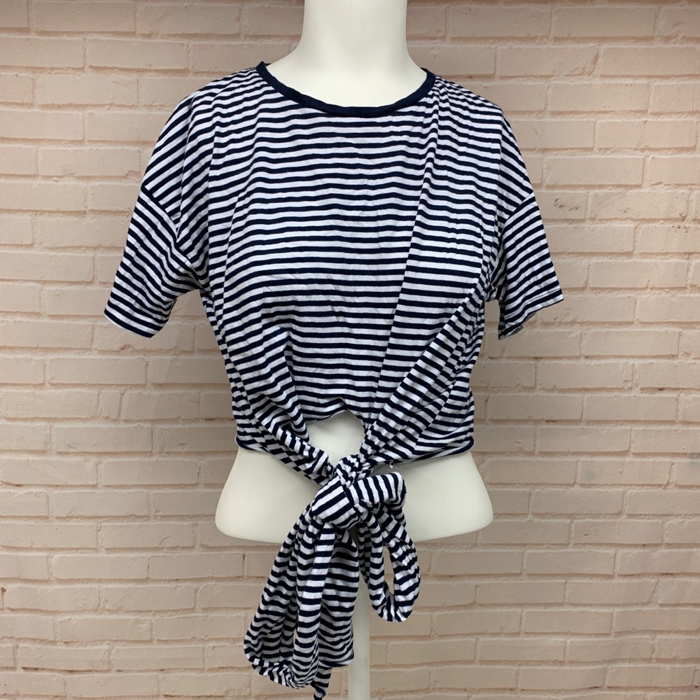 ZARA Navy White Striped T-Shirt Crop Tie Waist 👑 - Picture 1 of 8